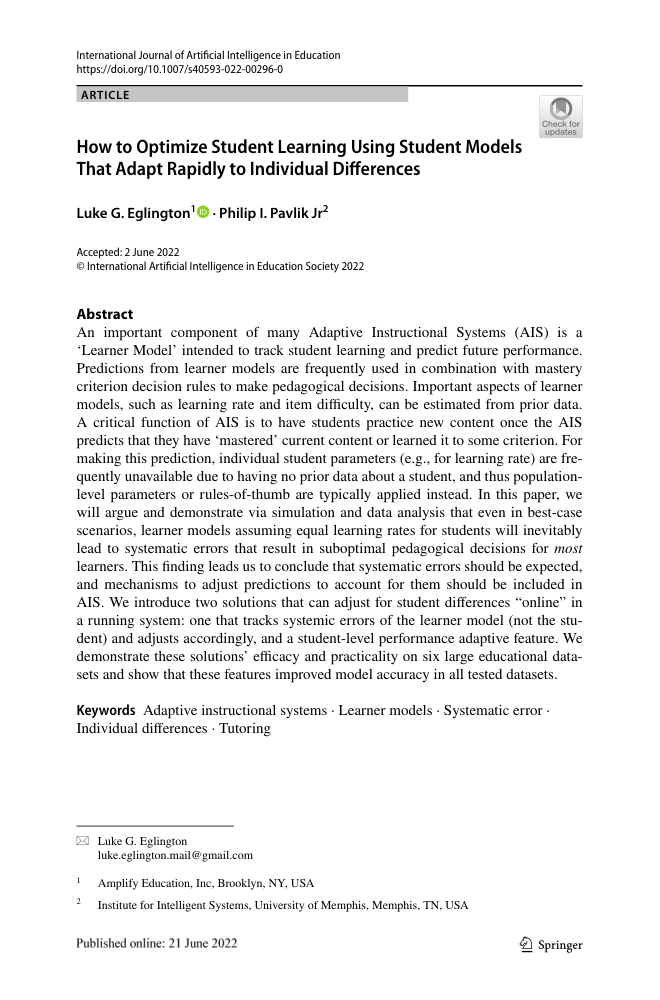 First page thumbnail for How to optimize student learning using student models that adapt rapidly to individual differences