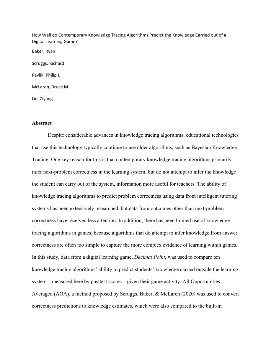 First page thumbnail for How well do contemporary knowledge tracing algorithms predict the knowledge carried out of a digital learning game?
