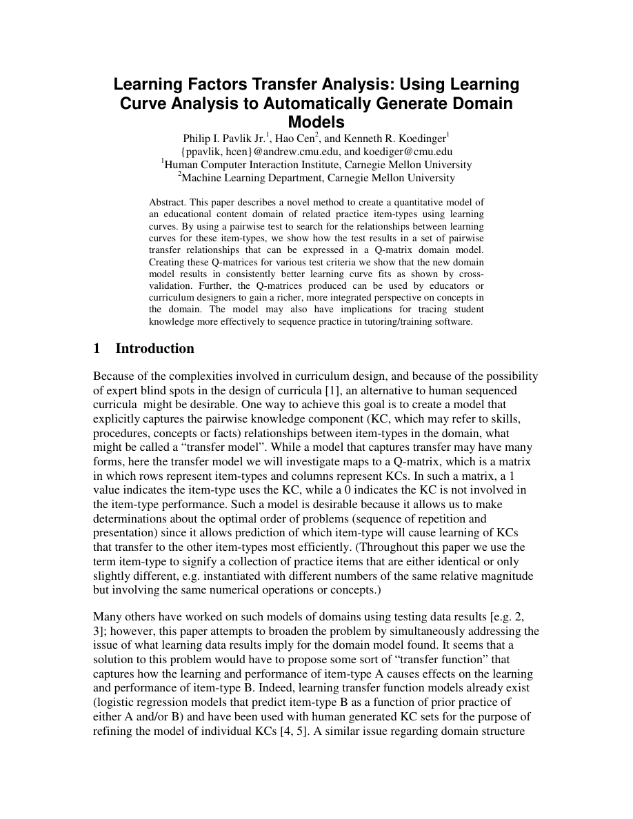 First page thumbnail for Learning factors transfer analysis: Using learning curve analysis to automatically generate domain models