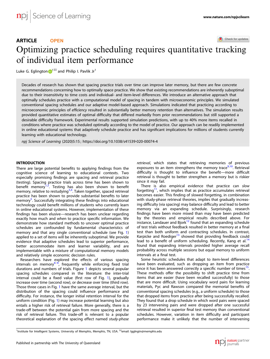 First page thumbnail for Optimizing practice scheduling requires quantitative tracking of individual item performance