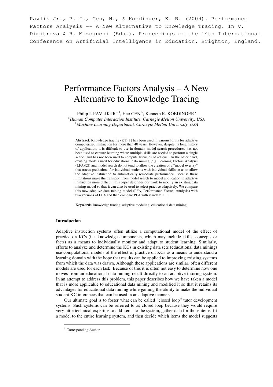 First page thumbnail for Performance factors analysis: A new alternative to knowledge tracing