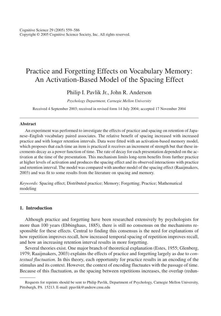 First page thumbnail for Practice and Forgetting Effects on Vocabulary Memory: An Activation-Based Model of the Spacing Effect