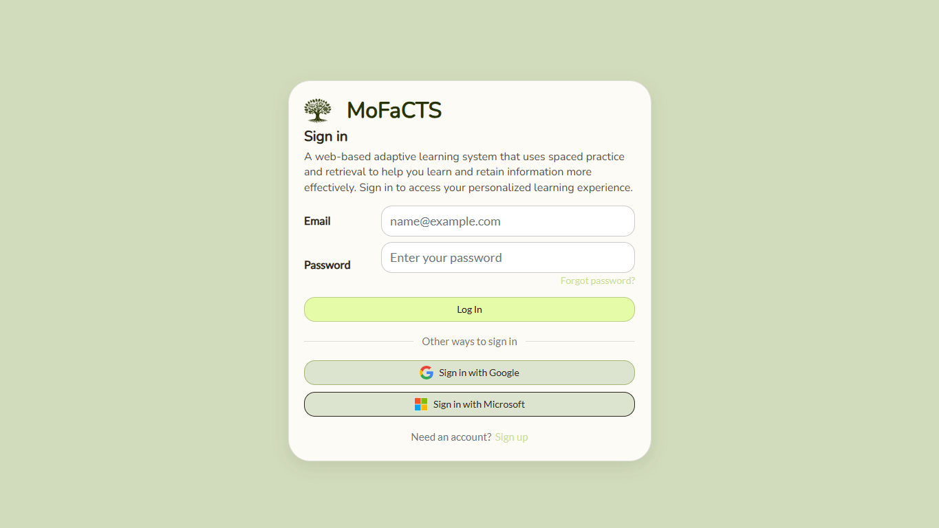 MoFaCTS sign-in screen