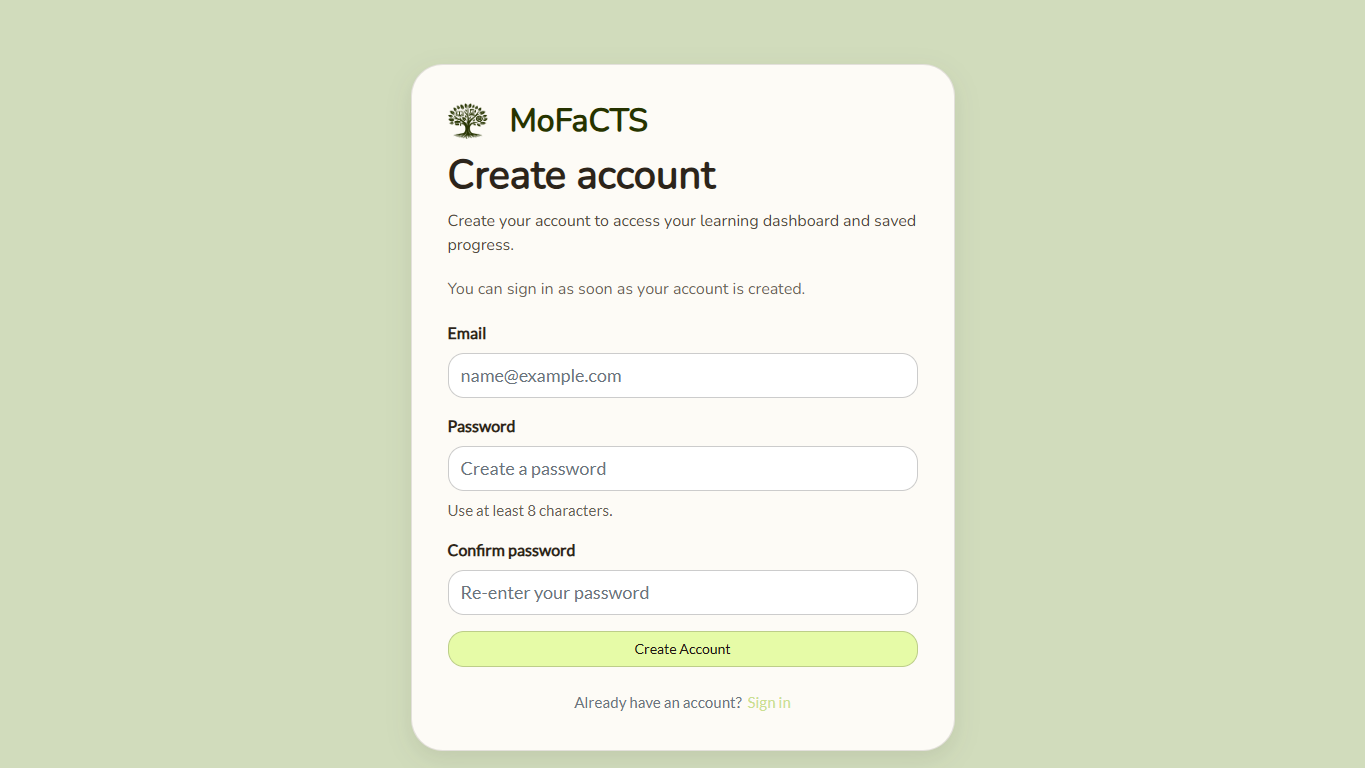 MoFaCTS sign-up screen