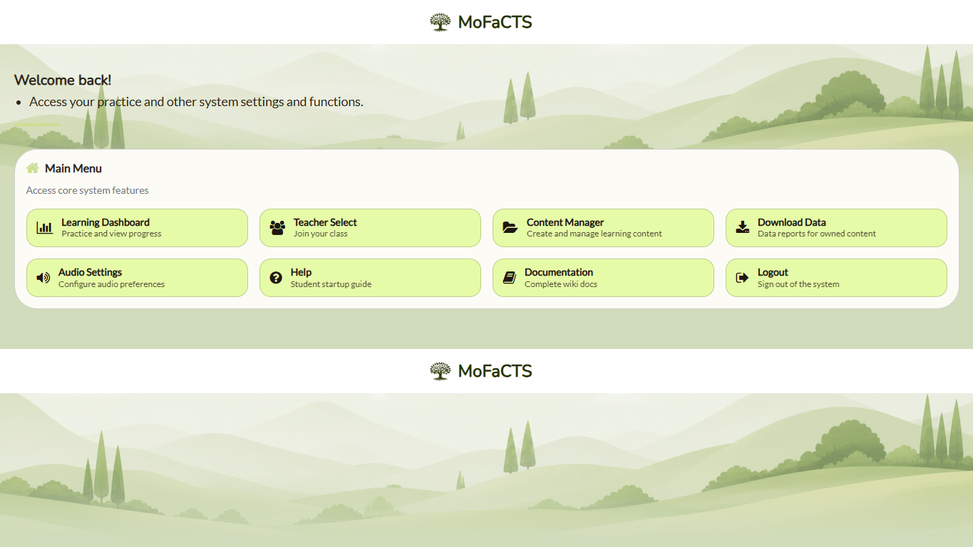 MoFaCTS home main menu